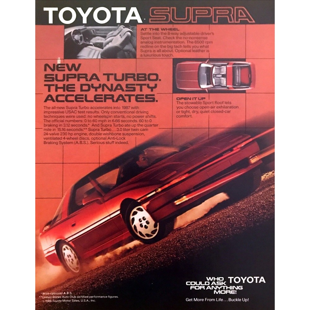 1988 Toyota Supra Turbo Coupe photo "The Dynasty Accelerates" vintage print ad